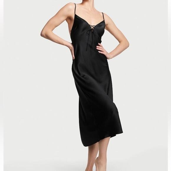 Victoria’s Secret Black Satin Butterfly Midi Slip Dress Sz Large Y2K Whimsigoth - Picture 2 of 9